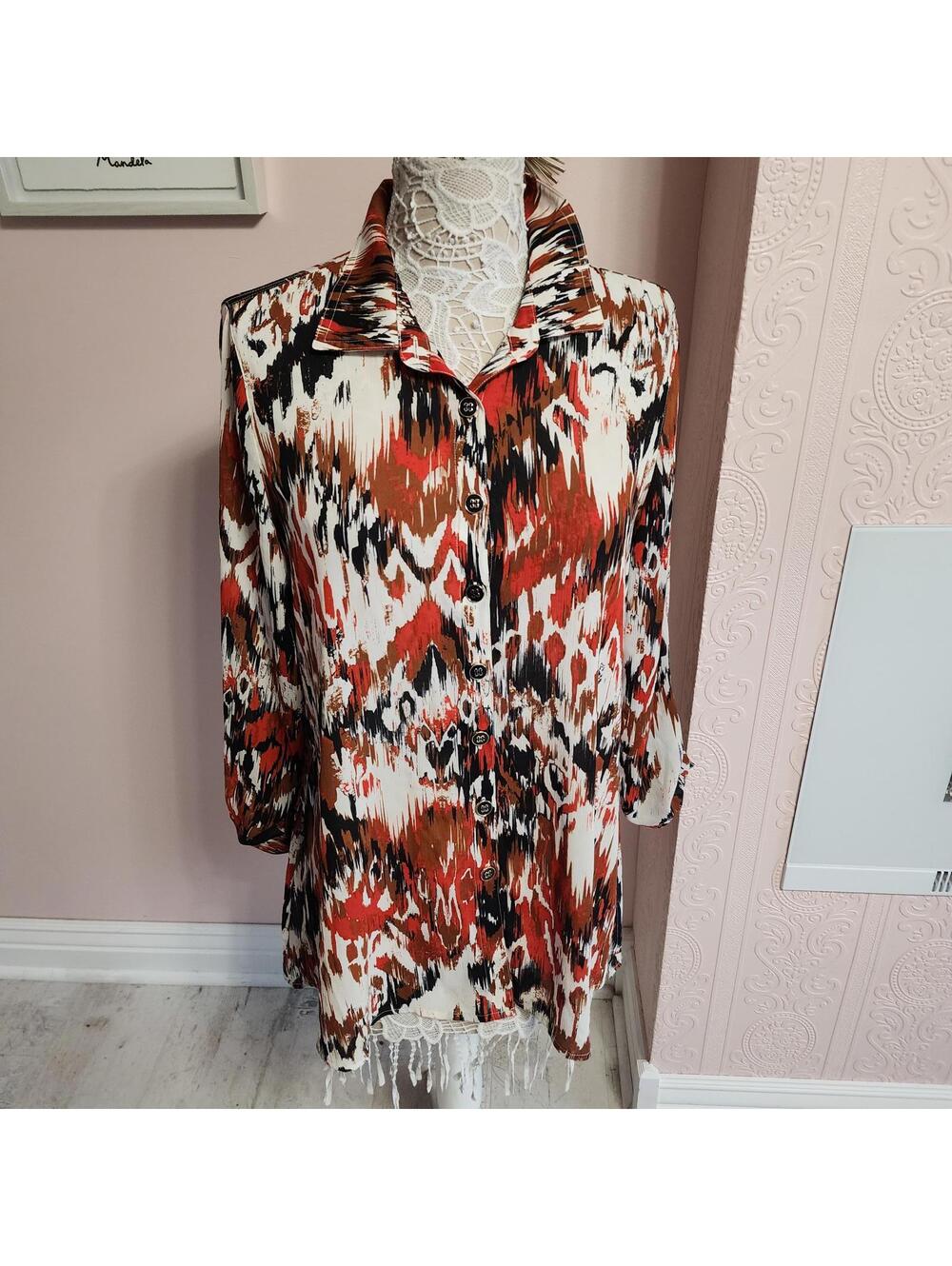 Multiples Colorful Abstract Print Button Front Blouse Small Long Sleeve Top